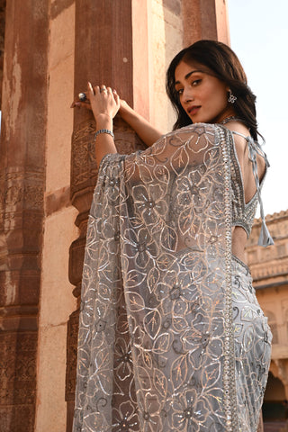 Moonstone Bloom Net Saree Set