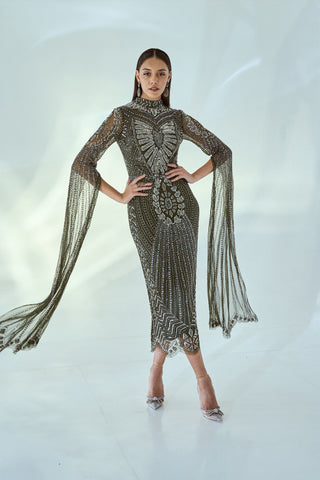 Olive Embellihsed Cape Sleeve Midi Dress