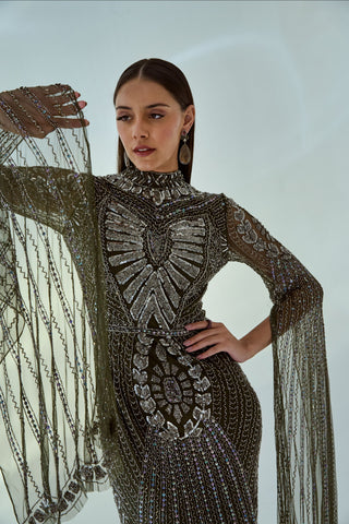 Olive Embellihsed Cape Sleeve Midi Dress