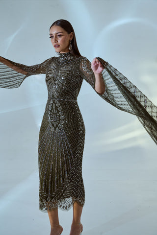 Olive Embellihsed Cape Sleeve Midi Dress