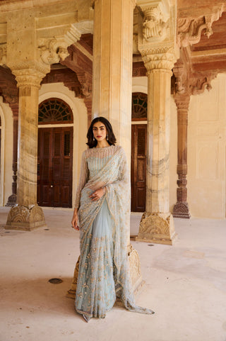 Azure Embellished Net Saree Set
