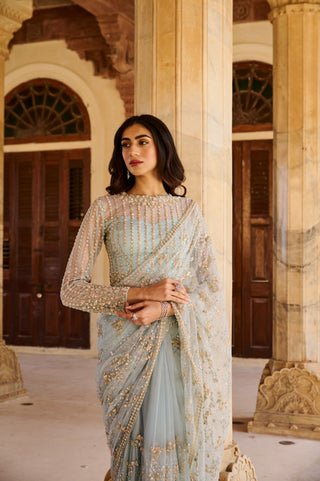 Azure Embellished Net Saree Set