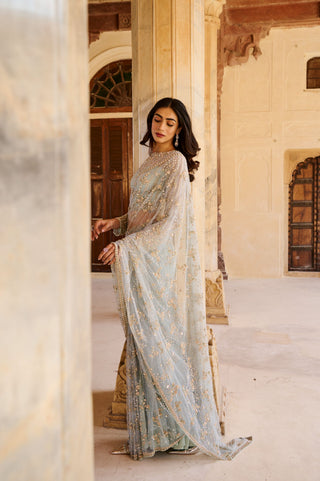 Azure Embellished Net Saree Set