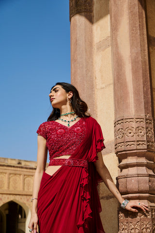 Scarlet Ruffled Drape Saree