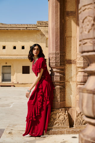 Scarlet Ruffled Drape Saree