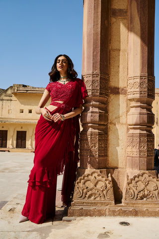 Scarlet Ruffled Drape Saree