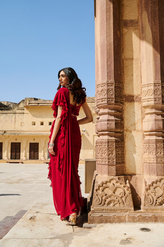 Scarlet Ruffled Drape Saree