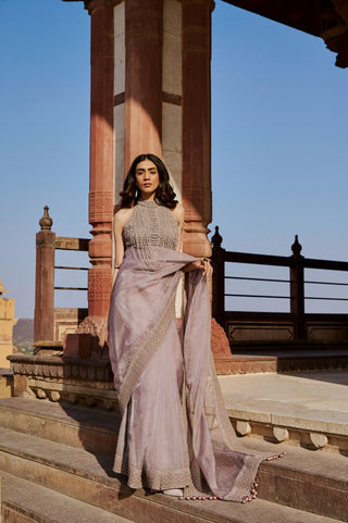 Dusty Lilac Embroidered Saree Set