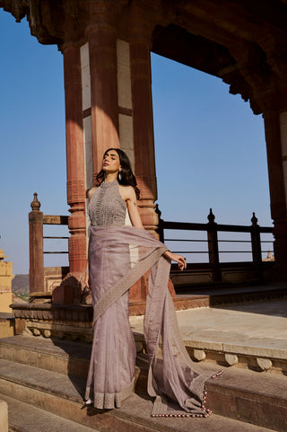 Dusty Lilac Embroidered Saree Set