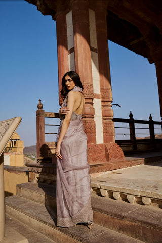 Dusty Lilac Embroidered Saree Set