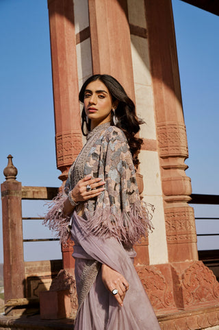 Dusty Lilac Embroidered Saree Set