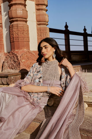 Dusty Lilac Embroidered Saree Set
