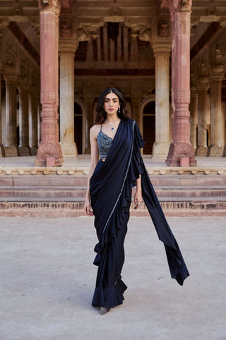 Navy ruffled drape saree set