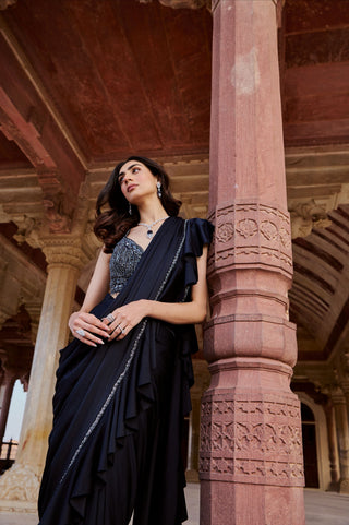 Navy ruffled drape saree set
