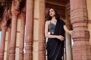 Navy ruffled drape saree set