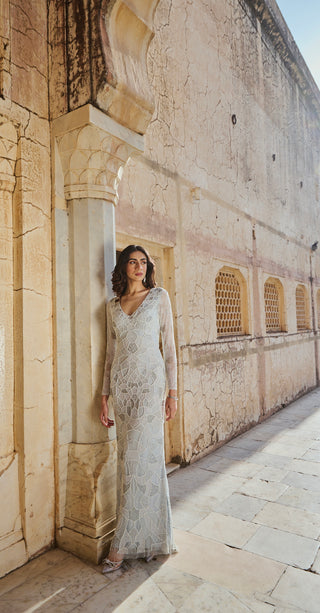 Ice Blue Geometric Embellished Gown