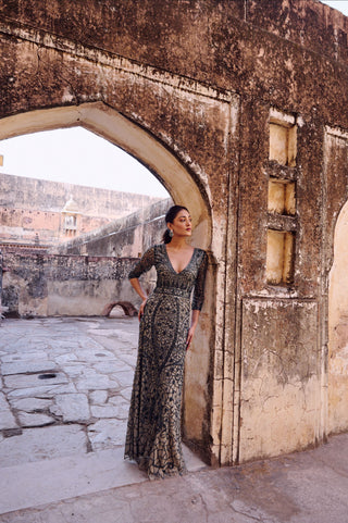 Teal green embellished v-neck gown