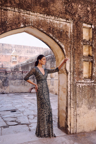 Teal green embellished v-neck gown