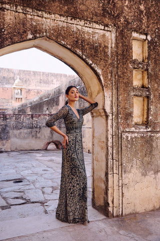 Teal green embellished v-neck gown