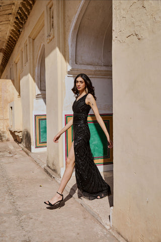 Black embellished Slit Gown