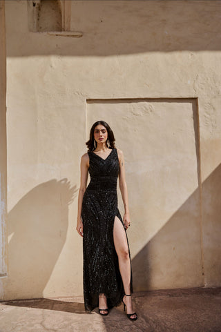 Black embellished Slit Gown