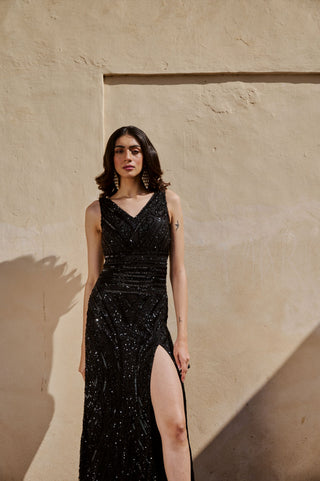 Black embellished Slit Gown
