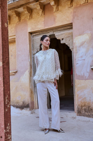 Pearl White Feathered Cape Set