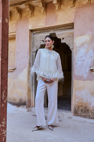 Pearl White Feathered Cape Set