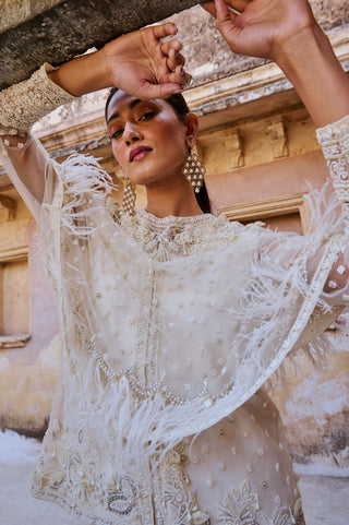 Pearl White Feathered Cape Set