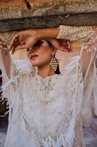Pearl White Feathered Cape Set