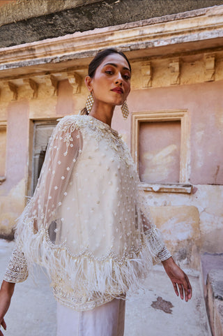 Pearl White Feathered Cape Set