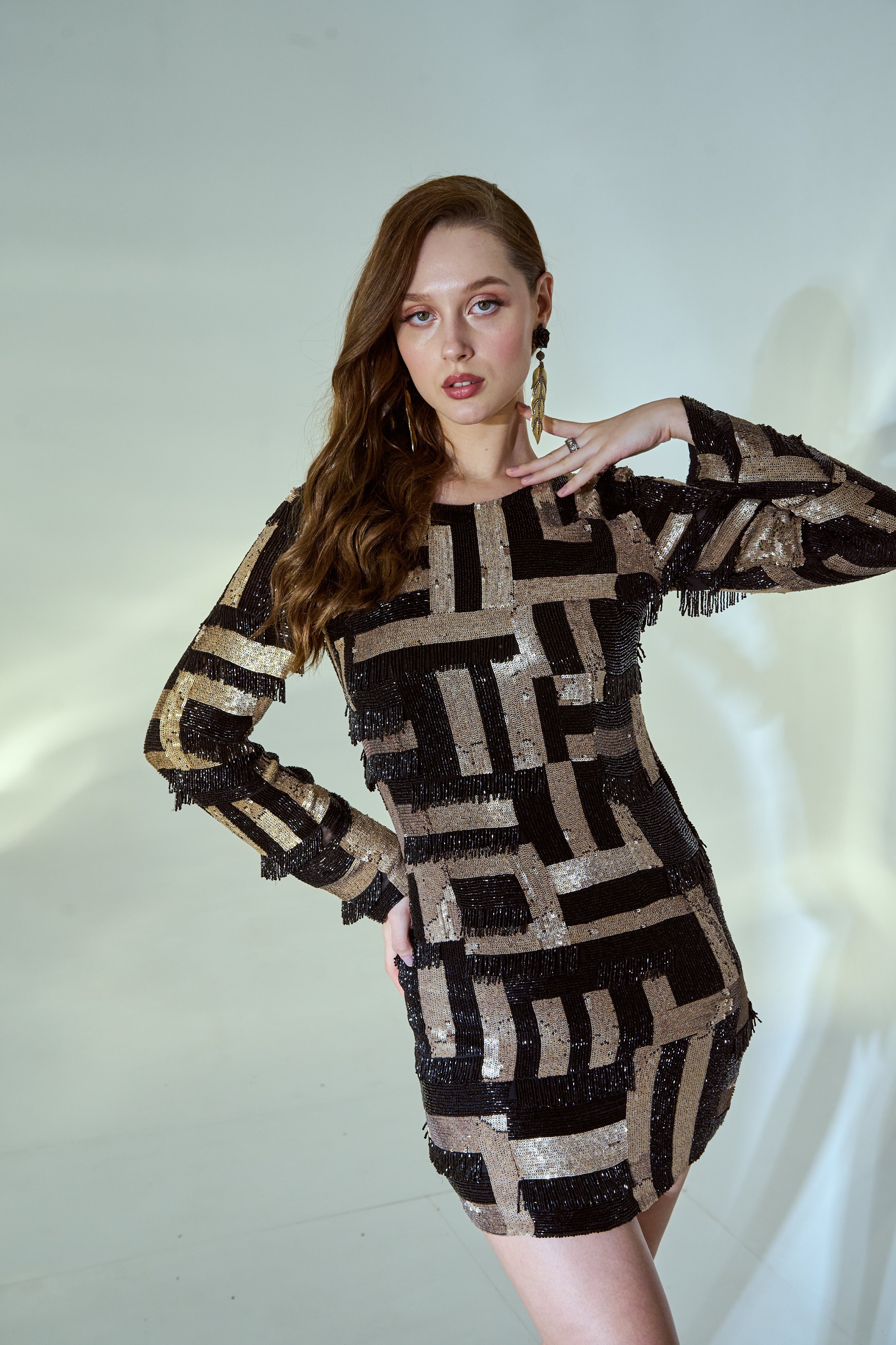 Black & Gold Geometric Sequin Mini Dress – Estrella